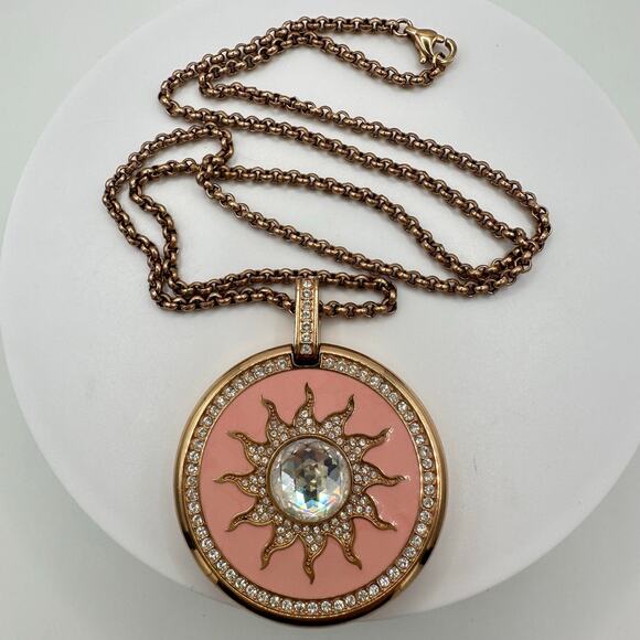 Wintex rose gold pink enamel clear rhinestones quartz pocket watch necklace - Picture 2 of 10